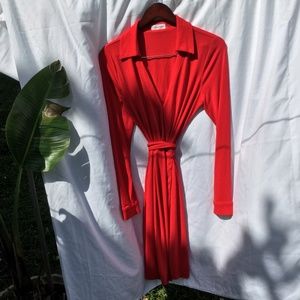 Calvin Klein Ruby Red V-Neck Collar Long Sleeve Wrap Dress